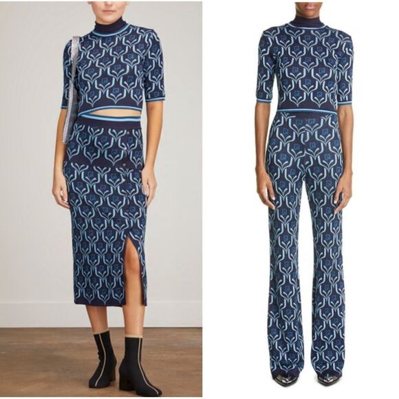 New PACO RABANNE Cropped Turtleneck Knit Top in Blue Jacquard Logo Large - Picture 16 of 16